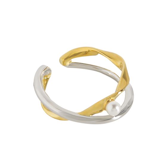 Fashion Two Tone Cross Shell Pearl 925 Sterling Silver Adjustable Ring