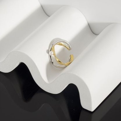 Fashion Two Tone Cross Shell Pearl 925 Sterling Silver Adjustable Ring