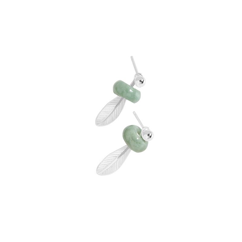 Elegant Green Natural Jade Circle Feather 925 Sterling Silver Stud Earrings