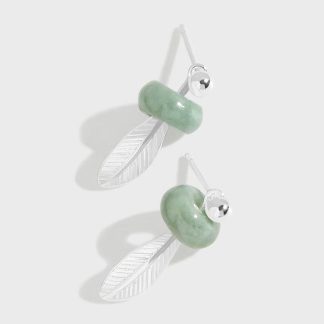 Elegant Green Natural Jade Circle Feather 925 Sterling Silver Stud Earrings
