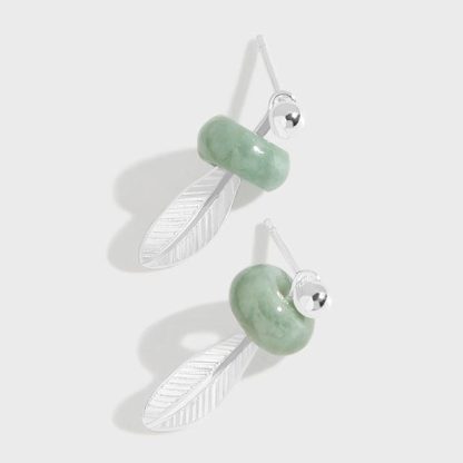 Elegant Green Natural Jade Circle Feather 925 Sterling Silver Stud Earrings