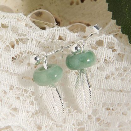 Elegant Green Natural Jade Circle Feather 925 Sterling Silver Stud Earrings