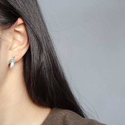 Elegant Green Natural Jade Circle Feather 925 Sterling Silver Stud Earrings