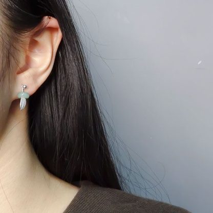Elegant Green Natural Jade Circle Feather 925 Sterling Silver Stud Earrings