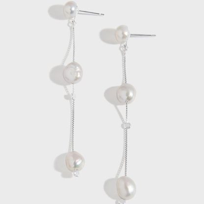Elegant Irregular Natural Pearl Tassels 925 Sterling Silver Dangling Earrings