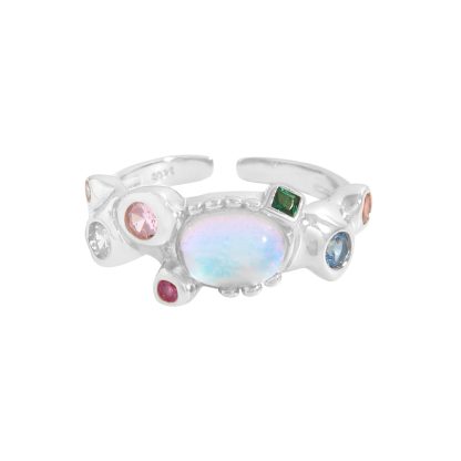 Colorful CZ Created Moonstone Bubbles 925 Sterling Silver Adjustable Ring