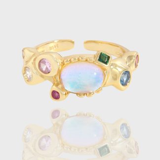 Colorful CZ Created Moonstone Bubbles 925 Sterling Silver Adjustable Ring