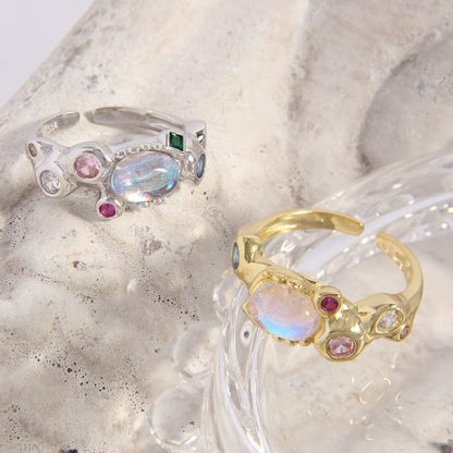 Colorful CZ Created Moonstone Bubbles 925 Sterling Silver Adjustable Ring
