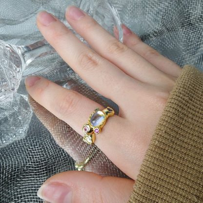 Colorful CZ Created Moonstone Bubbles 925 Sterling Silver Adjustable Ring