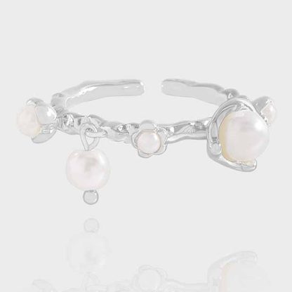 Women Beautiful Shell Pearl Flowers 925 Sterling Silver Adjustable Ring
