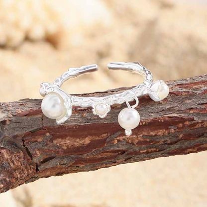 Women Beautiful Shell Pearl Flowers 925 Sterling Silver Adjustable Ring