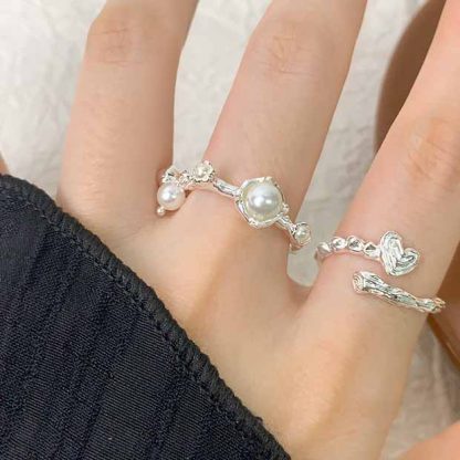 Women Beautiful Shell Pearl Flowers 925 Sterling Silver Adjustable Ring