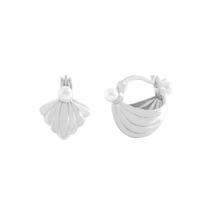 Girl Cute Shell Pearls Conch 925 Sterling Silver Hoop Earrings