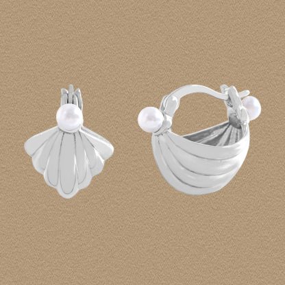 Girl Cute Shell Pearls Conch 925 Sterling Silver Hoop Earrings