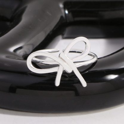 Girl Simple Geometric Lines Hollow Bow-knot 925 Sterling Silver Adjustable Ring