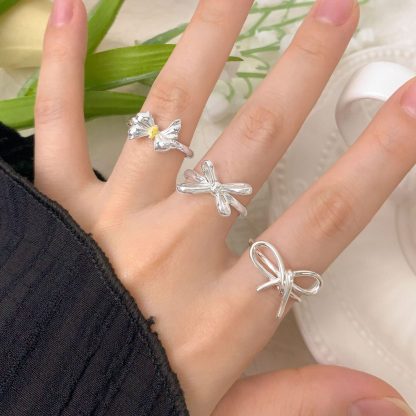 Girl Simple Geometric Lines Hollow Bow-knot 925 Sterling Silver Adjustable Ring