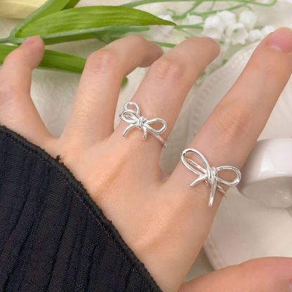 Girl Simple Geometric Lines Hollow Bow-knot 925 Sterling Silver Adjustable Ring