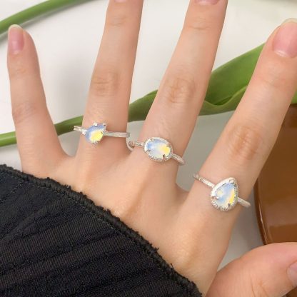 Lady Elegant CZ Claws Waterdrop Natural Opal 925 Sterling Silver Adjustable Ring