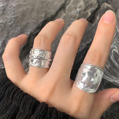Modern Irregular Wide Tin Foil Pattern 925 Sterling Silver Adjustable Ring