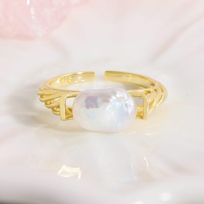 Lady Irregular Natural Baroque Pearl 925 Sterling Silver Hollow Adjustable Ring