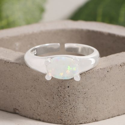 Women Simple Oval Natural Opal 925 Sterling Silver Adjustable Ring