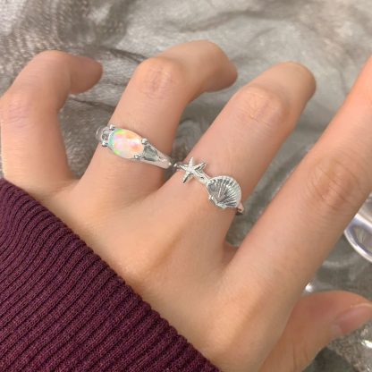 Women Simple Oval Natural Opal 925 Sterling Silver Adjustable Ring