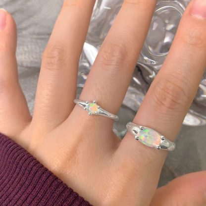 Women Simple Oval Natural Opal 925 Sterling Silver Adjustable Ring