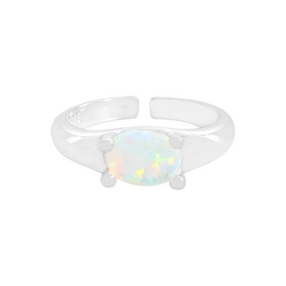 Women Simple Oval Natural Opal 925 Sterling Silver Adjustable Ring