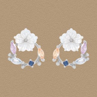 Beautiful Shell Flower CZ Garland 925 Sterling Silver Stud Earrings