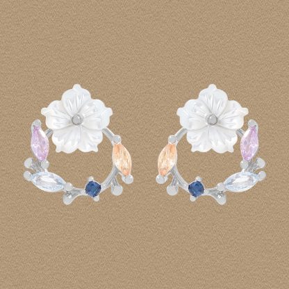 Beautiful Shell Flower CZ Garland 925 Sterling Silver Stud Earrings
