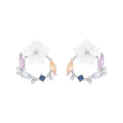 Beautiful Shell Flower CZ Garland 925 Sterling Silver Stud Earrings