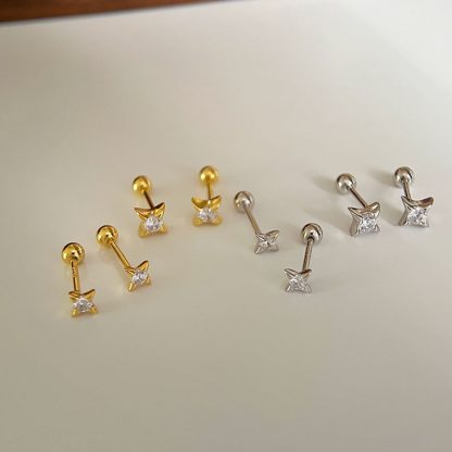 Simple Minimalism S925 Sterling Silver Four-Pointed Star CZ Screw Earrings Star Earrings Small Ear gold-plated Big