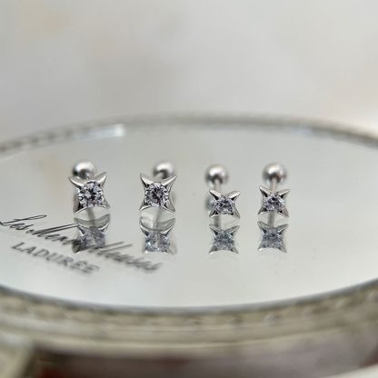 Simple Minimalism S925 Sterling Silver Four-Pointed Star CZ Screw Earrings Star Earrings Small Ear gold-plated Big