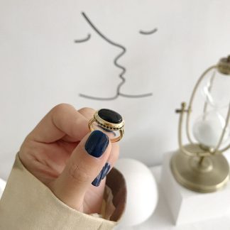 Black Oval Created Agate 925 Sterling Silver Adjustable Ring