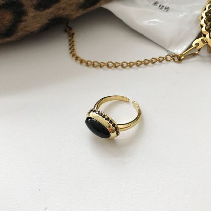 Black Oval Created Agate 925 Sterling Silver Adjustable Ring