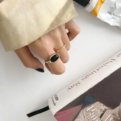 Black Oval Created Agate 925 Sterling Silver Adjustable Ring