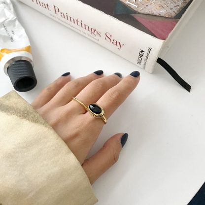 Black Oval Created Agate 925 Sterling Silver Adjustable Ring