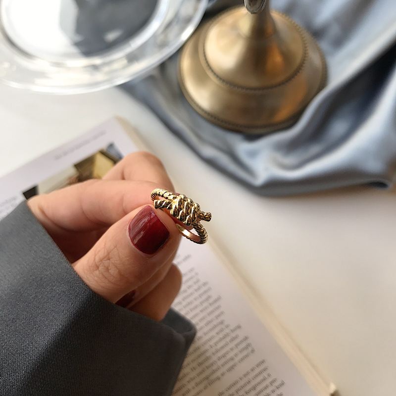 Fashion Golden Twisted Knot 925 Sterling Silver Adjustable Ring