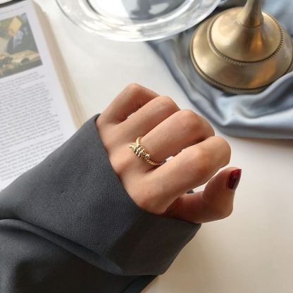 Fashion Golden Twisted Knot 925 Sterling Silver Adjustable Ring