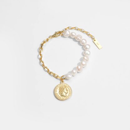 Girl Irregular Natural Pearl Coin Chain Asymmetry 925 Sterling Silver Bracelet