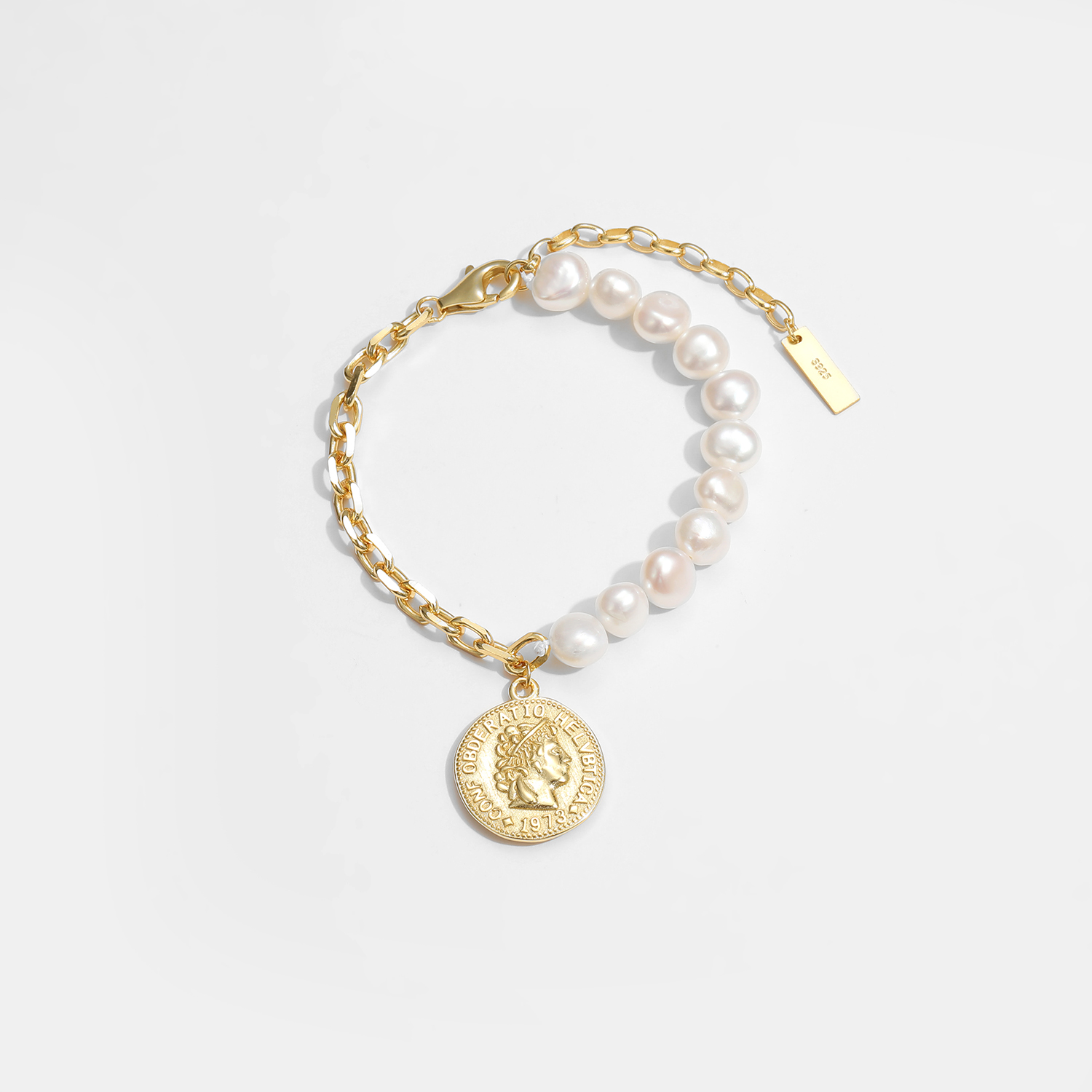 Girl Irregular Natural Pearl Coin Chain Asymmetry 925 Sterling Silver Bracelet
