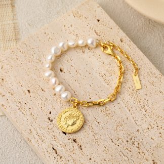 Girl Irregular Natural Pearl Coin Chain Asymmetry 925 Sterling Silver Bracelet