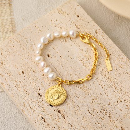 Girl Irregular Natural Pearl Coin Chain Asymmetry 925 Sterling Silver Bracelet