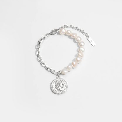Girl Irregular Natural Pearl Coin Chain Asymmetry 925 Sterling Silver Bracelet
