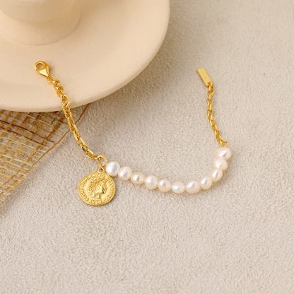 Girl Irregular Natural Pearl Coin Chain Asymmetry 925 Sterling Silver Bracelet