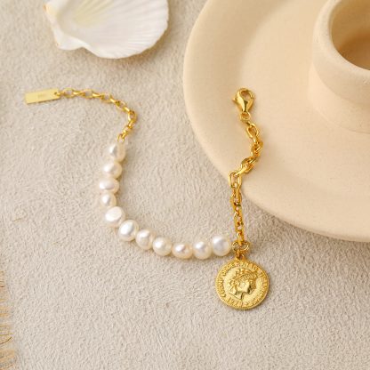 Girl Irregular Natural Pearl Coin Chain Asymmetry 925 Sterling Silver Bracelet