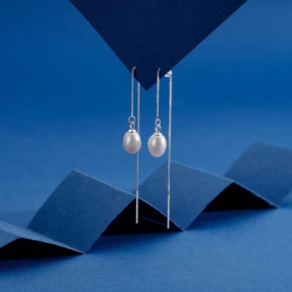 Freshwater Pearl in 925 Sterling Silver Elegant Chain Design Baroque Long Threader Earrings