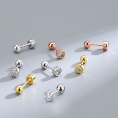 Classic Round Insert CZ 925 Sterling Silver Screw Stud Earrings