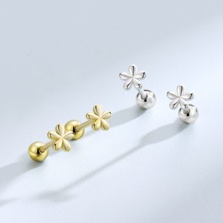 Girl Five Petal Small Flowers Beads Back 925 Sterling Silver Stud Earrings