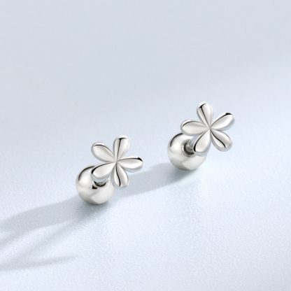 Girl Five Petal Small Flowers Beads Back 925 Sterling Silver Stud Earrings